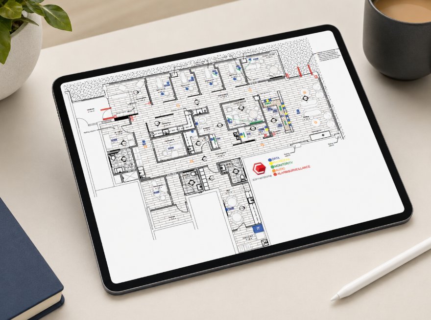 Marked-up floor plan reviewed on a tablet during the technology planning meeting