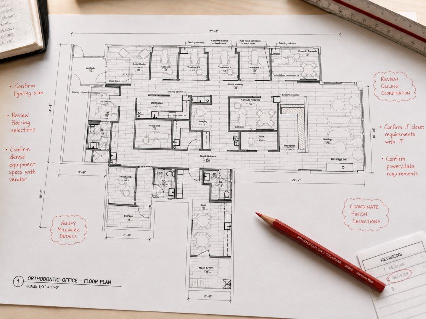 Printed orthodontic office floor plan marked up with IT notes for lighting, ceilings, data, and equipment