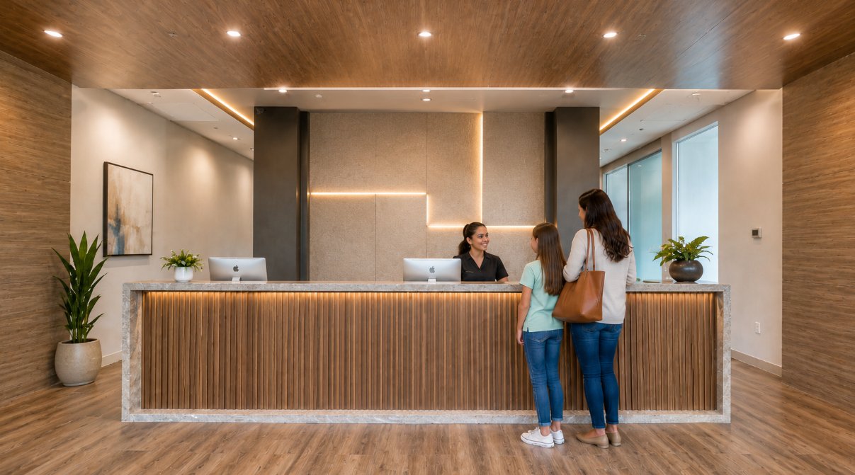 A parent and child checking in at the finished orthodontic office reception desk on opening day