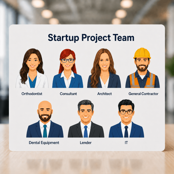 Illustration of the startup project team including the orthodontist, consultant, architect, general contractor, dental equipment rep, lender, and IT